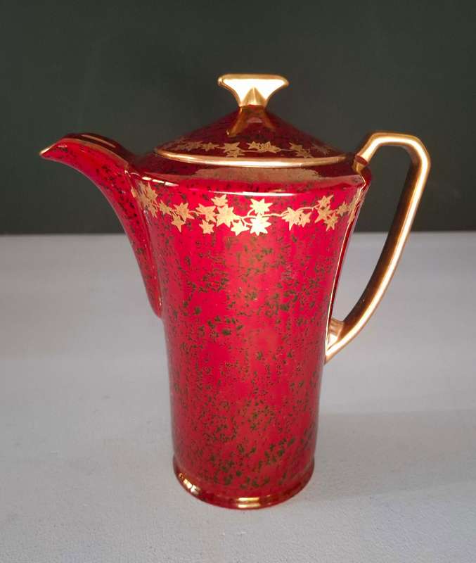 Art Deco Crown Devon Fieldings Ruby Red Lustre Gold Coffee Set