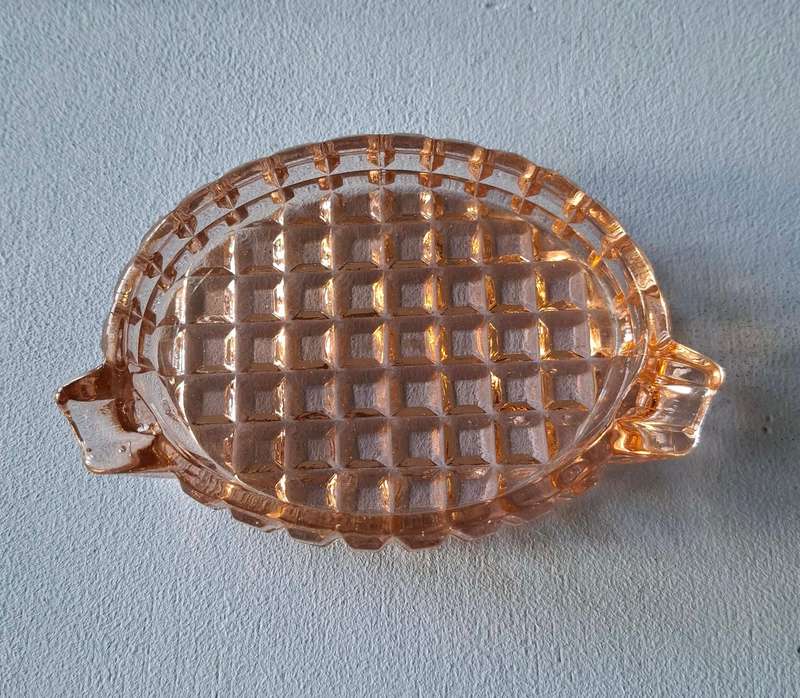 Vintage Waffle Cut Oval Glass Pink Ashtray