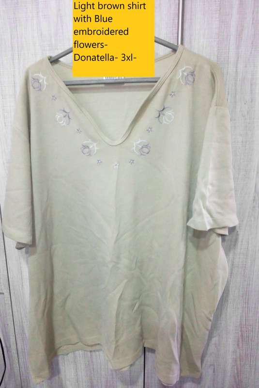 beige donatella shirt with blue embroidery on collar 2xl
