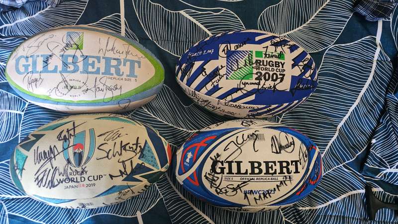 Rugby World Cup Rugby Balls 95, 07, 2019 and 2023 signed by full Squads