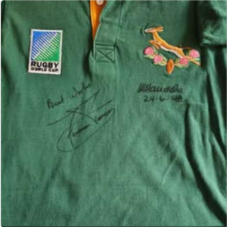Rugby World Cup 1995 jersey signed by Francois Pienaar and Nelson Mandela coa