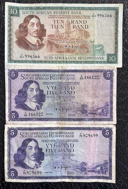 TW DE JONGH TEN- AND FIVE-RAND BANKNOTES HIGHLY COLLECTABLE