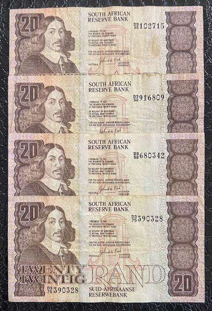FOUR x GERHARD DE KOCK D3 PREFIX TWENTY RAND NOTES