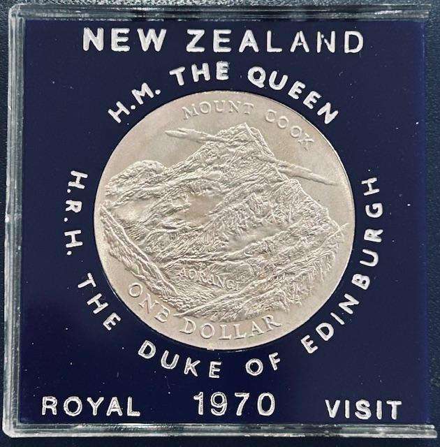 1970 New Zealand $1 Dollar Coin Queen & Duke of Edinburgh Royal Visit -SCARCE