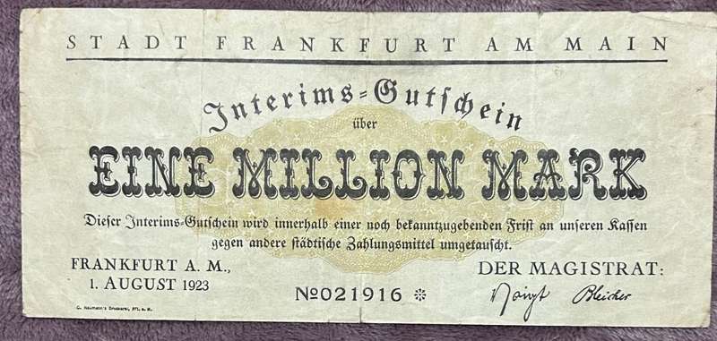 1923 REPLACEMENT ONE GERMAN MARK WITH LOW SERIAL NUMBER EF CONDITION (RAE AND SCARES REPLACEMENT)