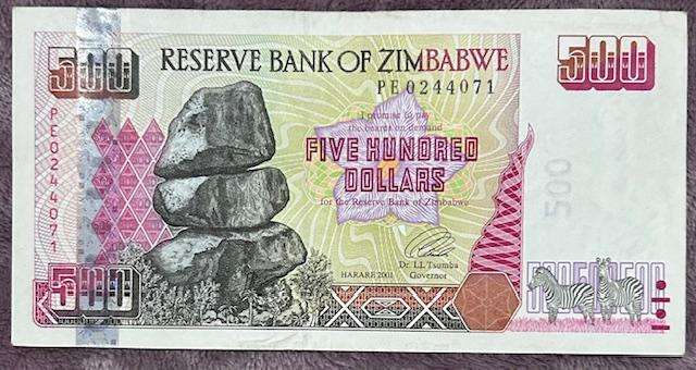 500 DOLLAR ZIMBABWE BANK NOTE IN A/ U CONDITION