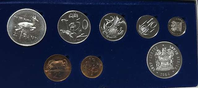 1984 South Africa Proof set Silver R1 to 1 cent and Nickel R1 in ORIGINAL blue SA mint box