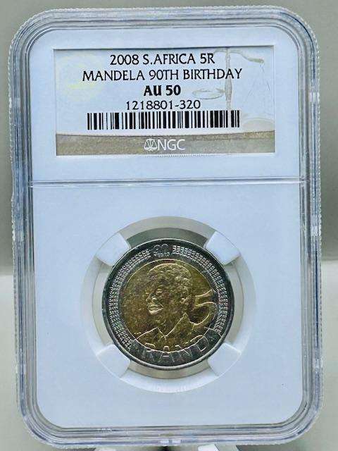 2008 - AU50 NGC GRADED Mandela 90th Birthday R5 Coin