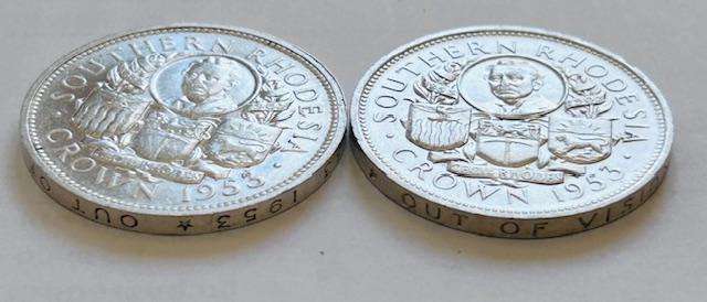 TWO x 1953 RHODESIAN CROWN SET WRITING ON RIM  UPRIGHT AND INVERTED (Complete set for collection)