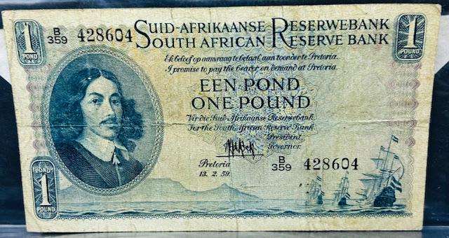 MH DE KOCK 3rd ISSUE ONE POUND NOTE 1959 Afr/Eng F