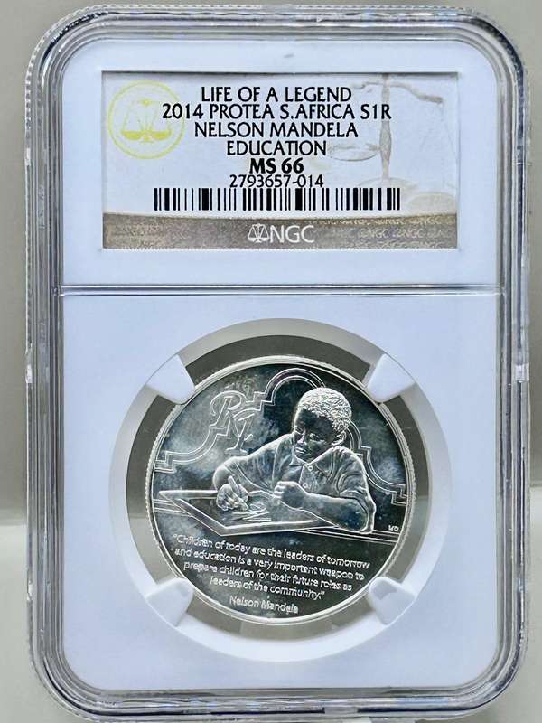 2014 ONE RAND "EDUCATION MANDELA LEGEND" NGC GRADE MS 66, ONLY 2237 MINTED SILVER COIN