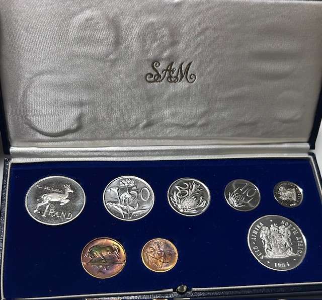 1984 South Africa Proof set Silver R1 to 1 cent and Nickel R1 in ORIGINAL blue SA mint box