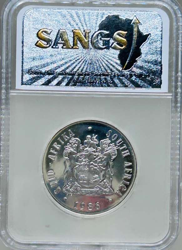 1986 ONE RAND, JOHANNESBURG ANNIVESARY SILVER GRADED PROOF, PF 65 COIN
