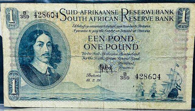 MH DE KOCK 3rd ISSUE ONE POUND NOTE 1959 Afr/Eng F