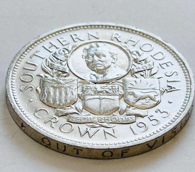 TWO x 1953 RHODESIAN CROWN SET WRITING ON RIM  UPRIGHT AND INVERTED (Complete set for collection)