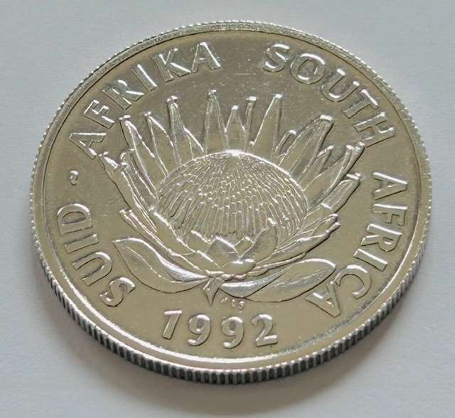 South African 1992 One Rand, 100th Anniversary, UNC, Soli Deo Gloria UNC in red SAM mint box