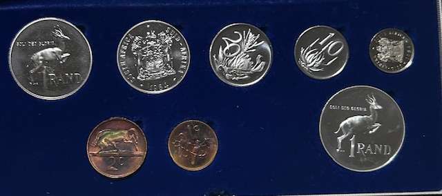 1984 South Africa Proof set Silver R1 to 1 cent and Nickel R1 in ORIGINAL blue SA mint box