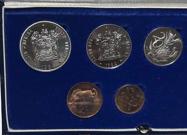 1984 South Africa Proof set Silver R1 to 1 cent and Nickel R1 in ORIGINAL blue SA mint box