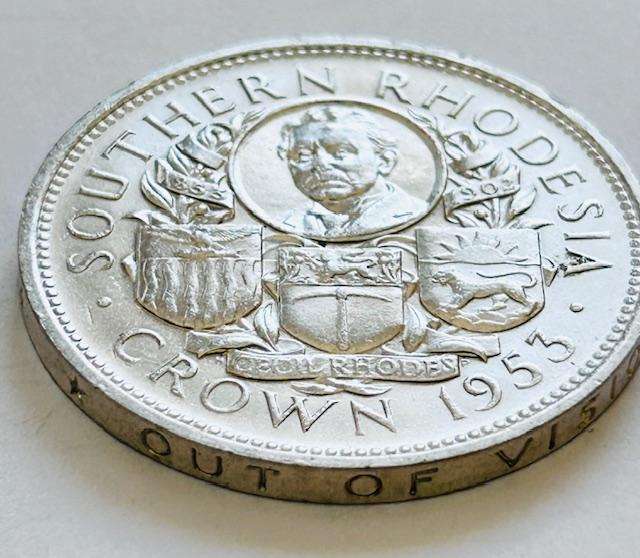 TWO x 1953 RHODESIAN CROWN SET WRITING ON RIM  UPRIGHT AND INVERTED (Complete set for collection)