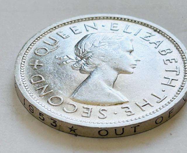 TWO x 1953 RHODESIAN CROWN SET WRITING ON RIM  UPRIGHT AND INVERTED (Complete set for collection)