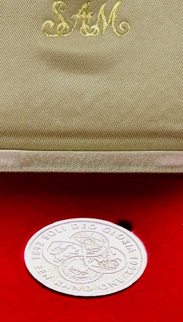 South African 1992 One Rand, 100th Anniversary, UNC, Soli Deo Gloria UNC in red SAM mint box