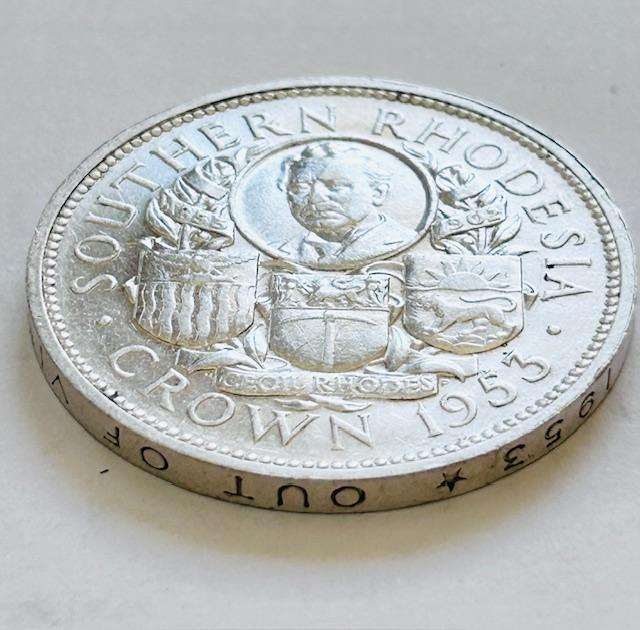 TWO x 1953 RHODESIAN CROWN SET WRITING ON RIM  UPRIGHT AND INVERTED (Complete set for collection)