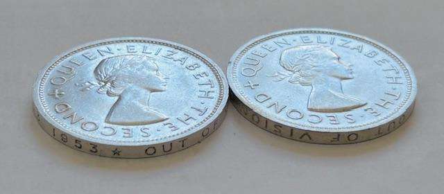 TWO x 1953 RHODESIAN CROWN SET WRITING ON RIM  UPRIGHT AND INVERTED (Complete set for collection)