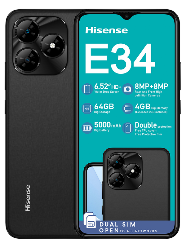 SMARTPHONE HISENSE E34|| 64/4G, DUAL SIM, DUAL CLEAR CAMERA, BIG SCREEN,HUGE BATTERY