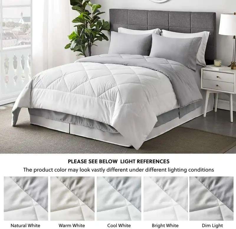 White-Grey 5pc Queen 2 King Microfibre Reversible Comforter Set, 1Comforter,2Std & 2Conti Pill Cases