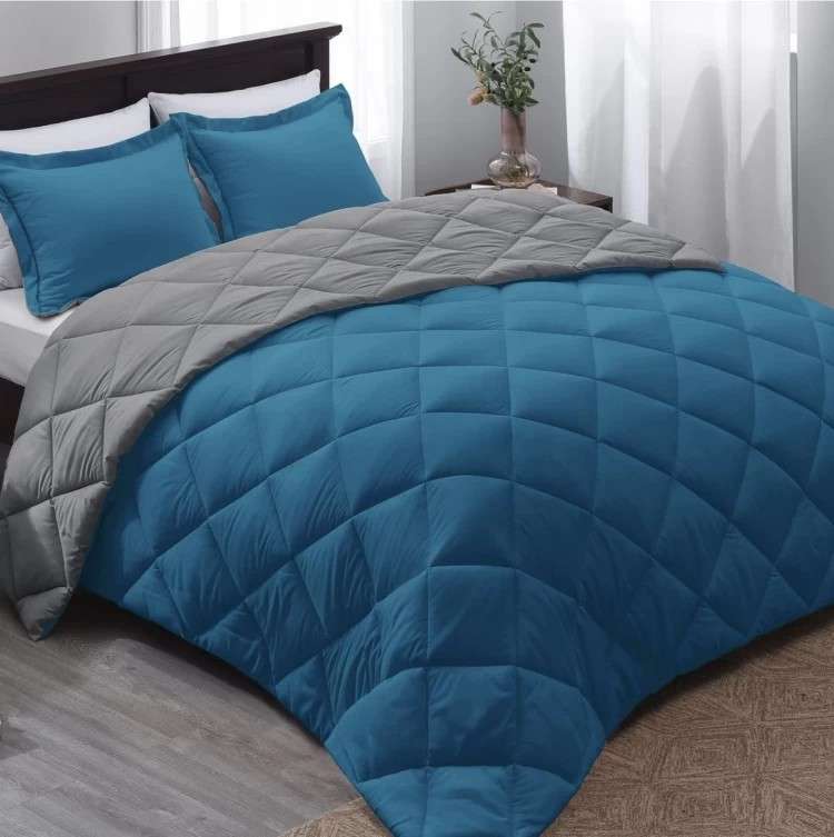 Teal-Grey 5pc Queen 2 King Microfibre Two Tone Comforter Set, 1Comforter,2Std & 2Conti Pill Cases