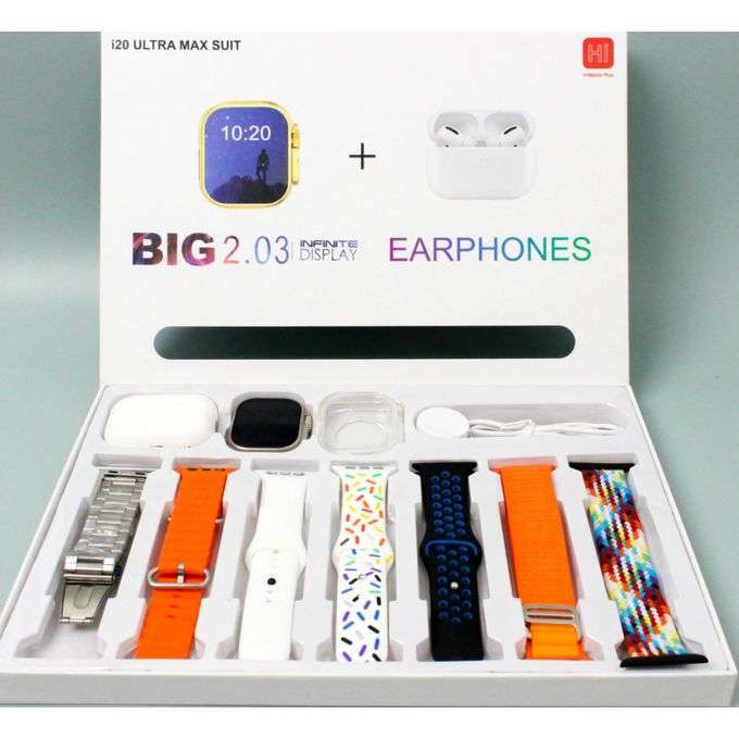 i20 Ultra Max Suit 10 in 1 Bluetooth Calling Smartwatch+Earpods-Amoled,Multiple Sports Modes etc
