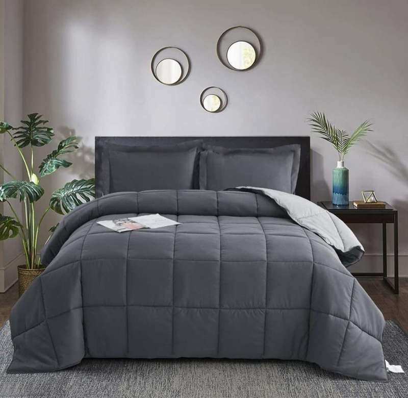 D-Grey 5pc Queen 2 King Cotton Comforter Set,1 Comforter,2 Std Pillow Cases,2 Conti Pillow Cases