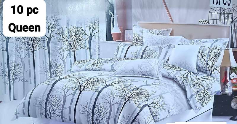 10pc Queen Cotton Duvet Cover Set Includes 2 Matching Curtains