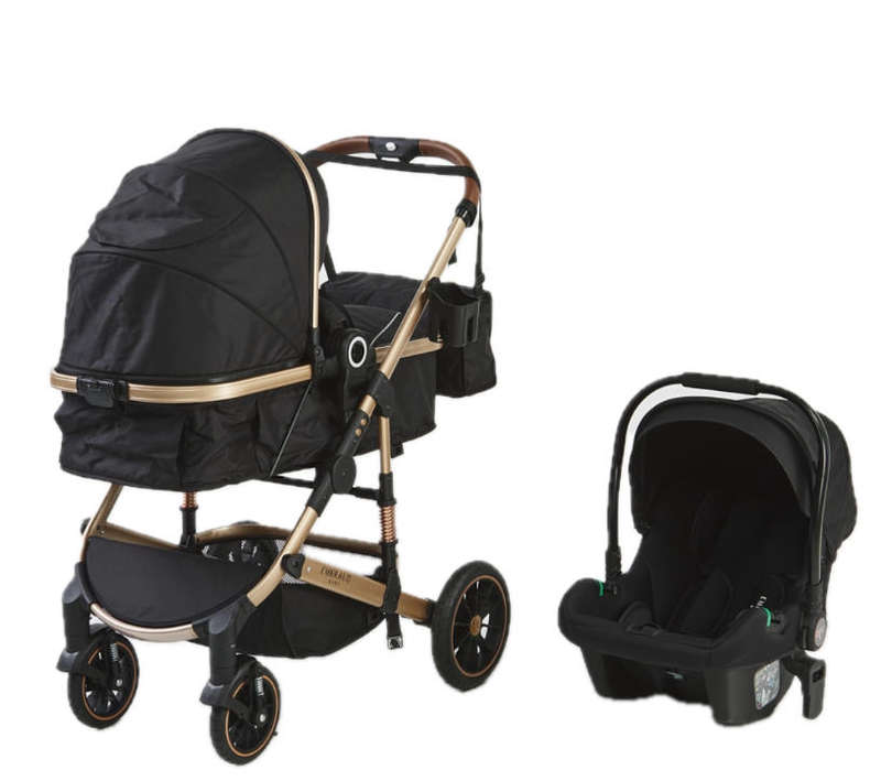 hurriaj Baby 3-in-1 Deluxe Travel System with Car Seat and Nappy Bag - Black and Gold