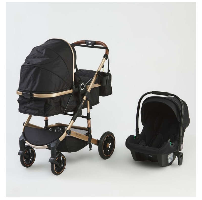 hurriaj Baby 3-in-1 Deluxe Travel System with Car Seat and Nappy Bag - Black and Gold