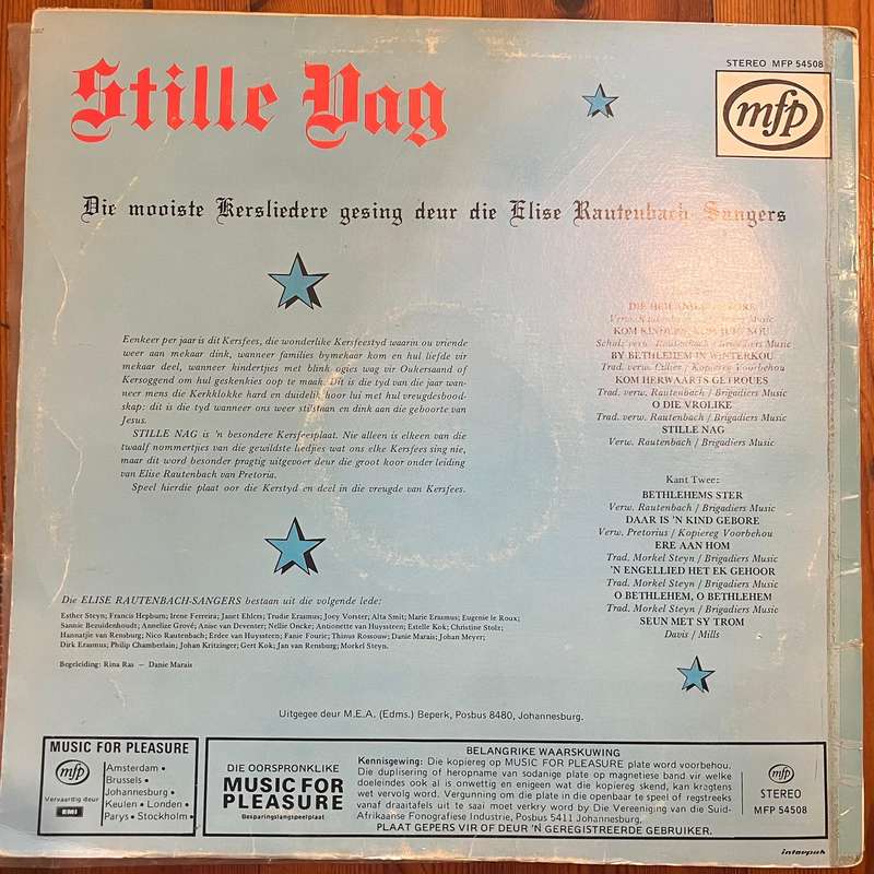 Stille Nag  Elise Rautenbach Singers  Afrikaanse Kersfees LP  Vinyl Record