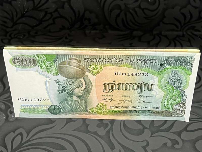 Cambodia 500 Riel Banknote  Uncirculated | Woman with Jar & Rice Field Scene