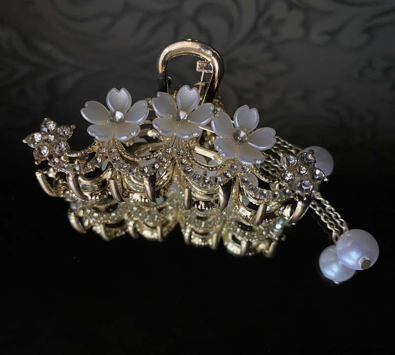 Gold Hair Clip  7cm Flower Design with Dangling Pearl Detail