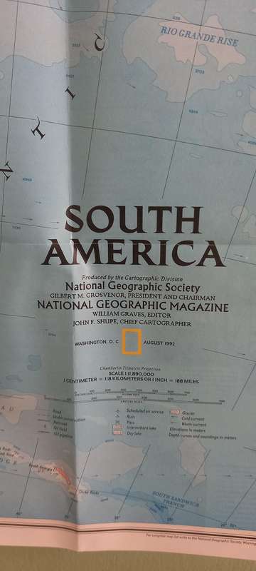 1992 Folded Wall Map of South America Published By National Geographic 51cmx71cm