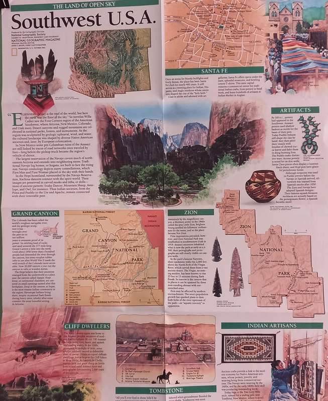 1992 Folded Wall Map of Southwest U.S.A Published By National Geographic 39x51cm