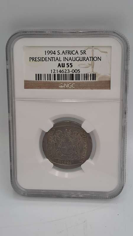 1994 South Africa R5 Mandela Presidential inauguration NGC Graded AU 55