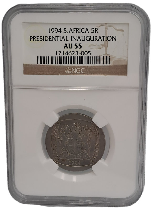 1994 South Africa R5 Mandela Presidential inauguration NGC Graded AU 55
