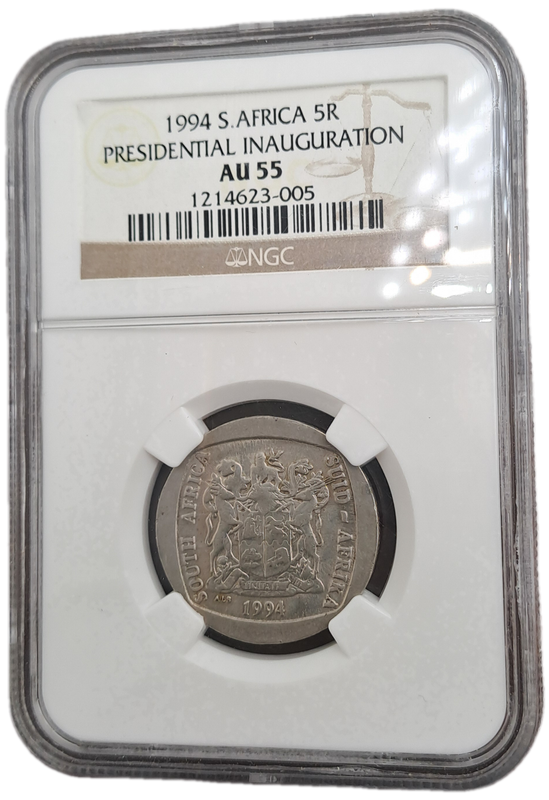 1994 South Africa R5 Mandela Presidential inauguration NGC Graded AU 55
