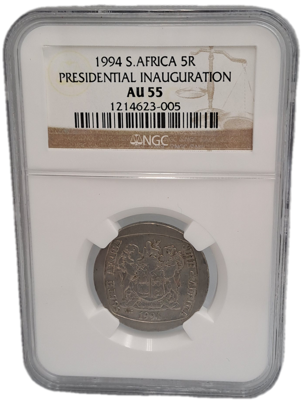 1994 South Africa R5 Mandela Presidential inauguration NGC Graded AU 55