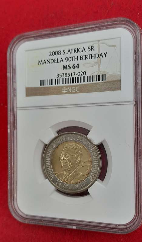 2008 South Africa R5 Mandela 90th Birthday Coin-NGC Graded MS64