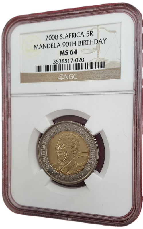 2008 South Africa R5 Mandela 90th Birthday Coin-NGC Graded MS64