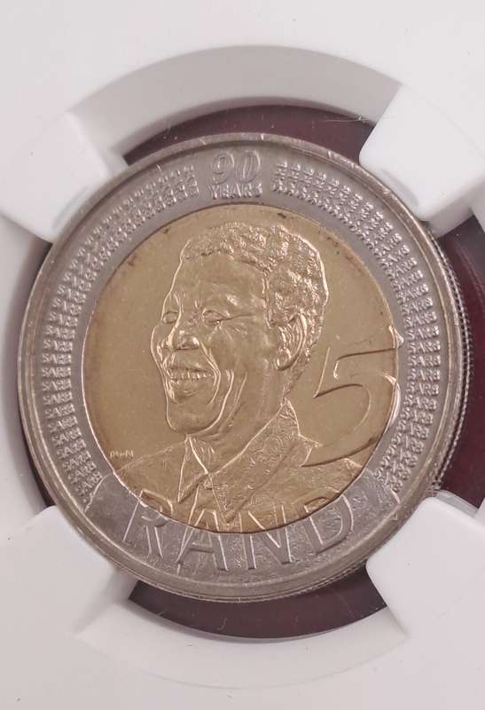 2008 South Africa R5 Mandela 90th Birthday Coin-NGC Graded MS64