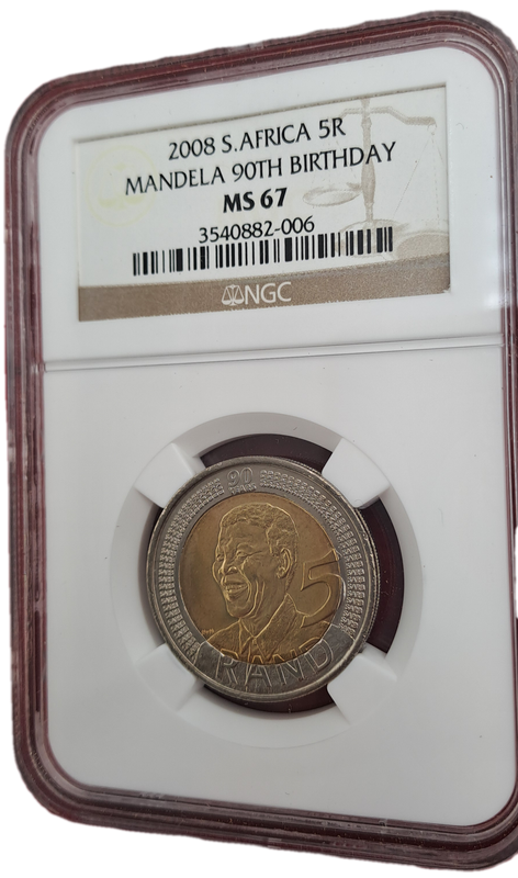 2008 South Africa R5 Mandela 90th Birthday Coin-NGC Graded MS67