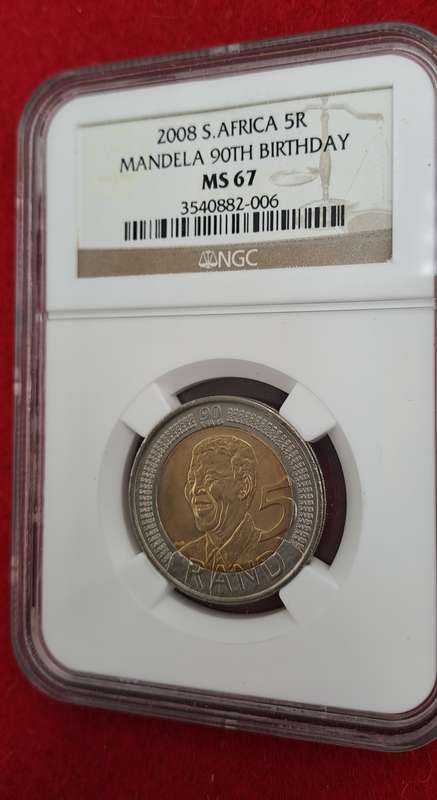 2008 South Africa R5 Mandela 90th Birthday Coin-NGC Graded MS67