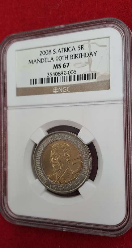 2008 South Africa R5 Mandela 90th Birthday Coin-NGC Graded MS67